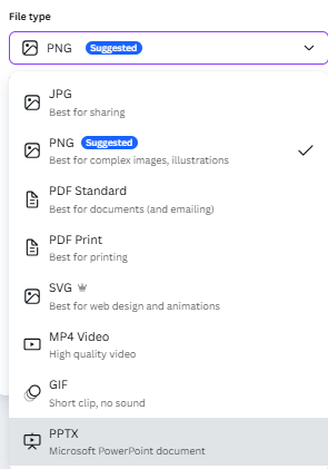 Canva’s export options allow you to download your designs with graphic design tips.